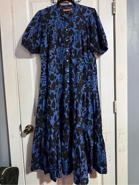Blue and Black Floral Midi Dress - Classic Button-Front